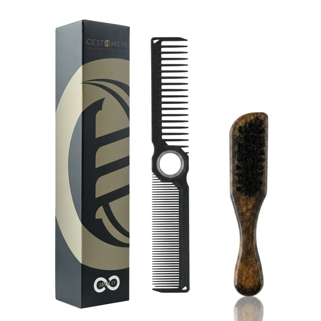 2Pcs Professional Beard Grooming Kit Spining Double Sided Barber Comb Boar Bristle Wooden Beard Brush for Men Hair Beard