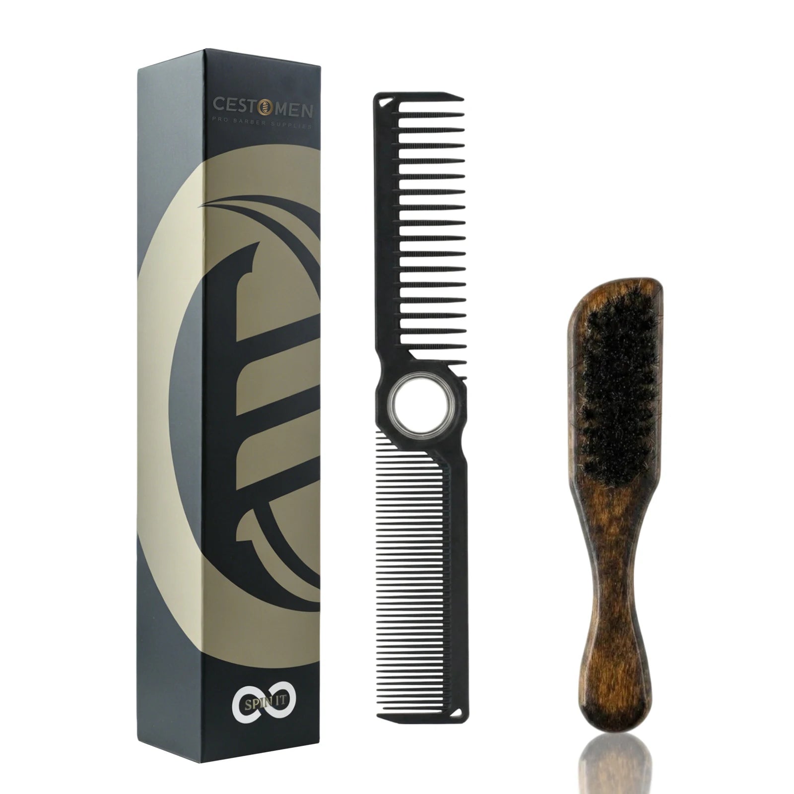2Pcs Professional Beard Grooming Kit Spining Double Sided Barber Comb Boar Bristle Wooden Beard Brush for Men Hair Beard
