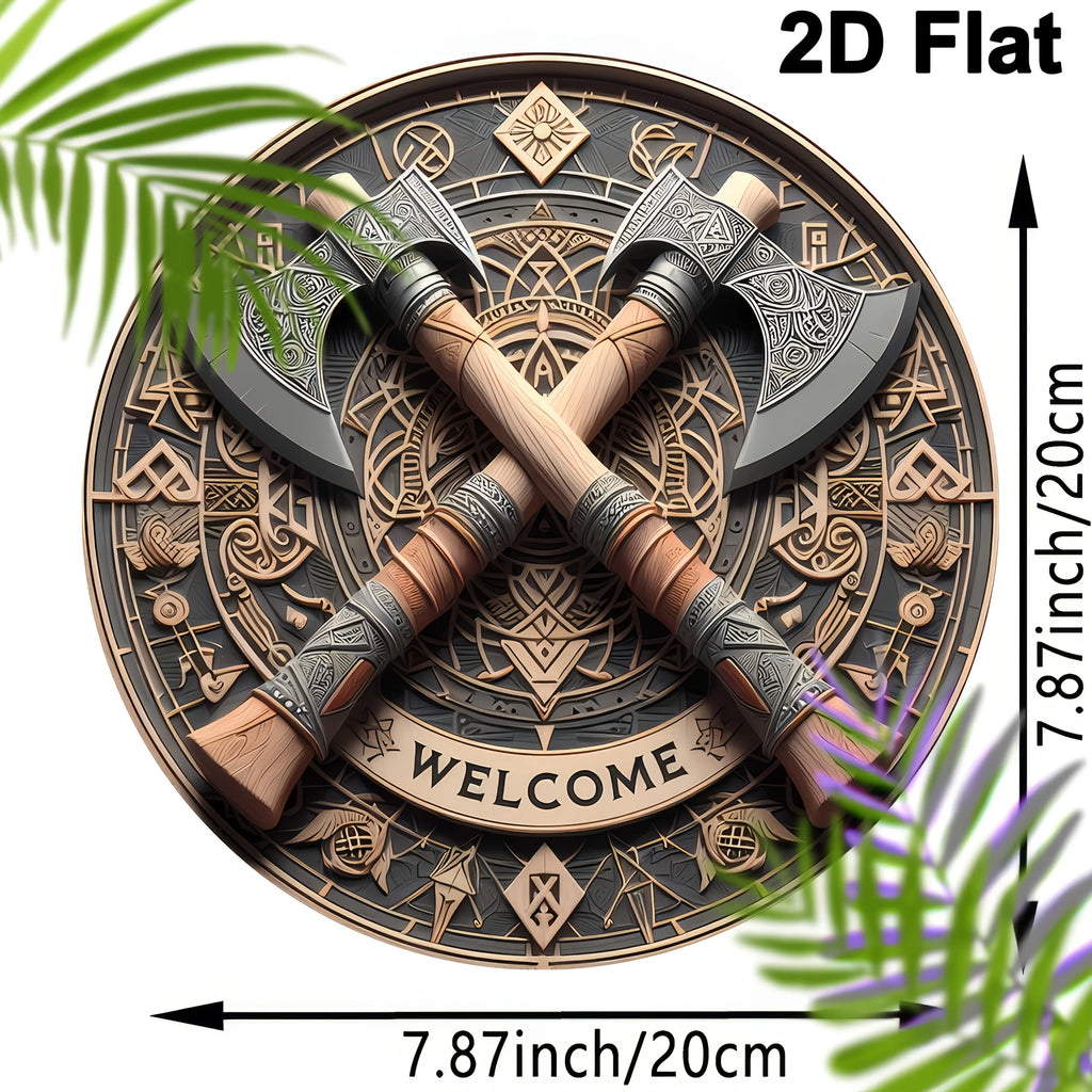 Viking Axe Welcome Sign - 8inch X 8inch Round Wooden Wall Decor, Suitable for Home, Porch, Living Room, and Office - Perfect Gift for Men