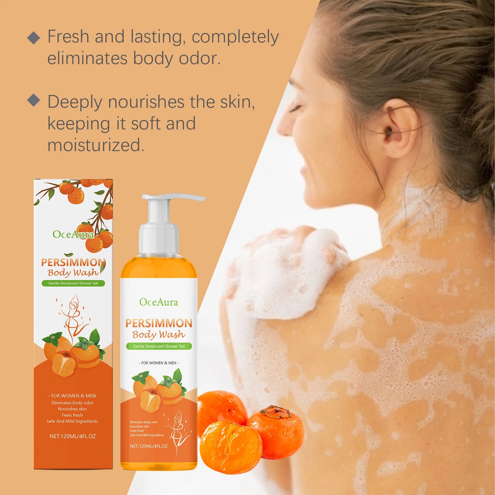 OceAura Persimmon Deodorant Body Wash Odor Eliminator Hydrating Skin Care Body Cleansing Refreshing Shower Gel for Men & Women
