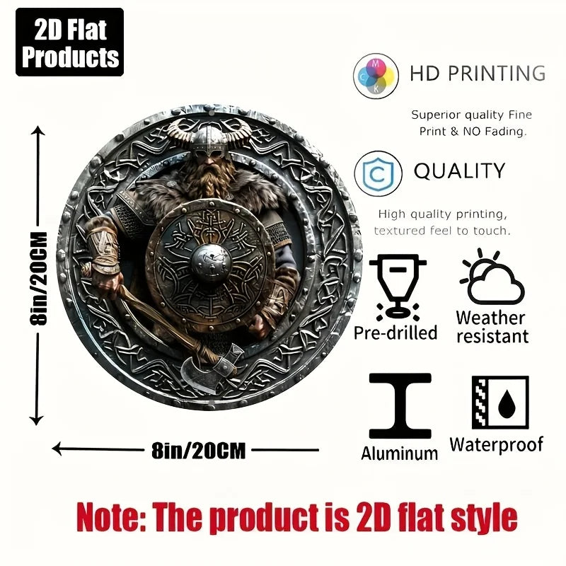 2D Flat Viking Warrior with Horned Helmet & Axe Round Tin Sign - Norse Mythology Celtic Knot Shield Art Metal Wall Decor for Hom