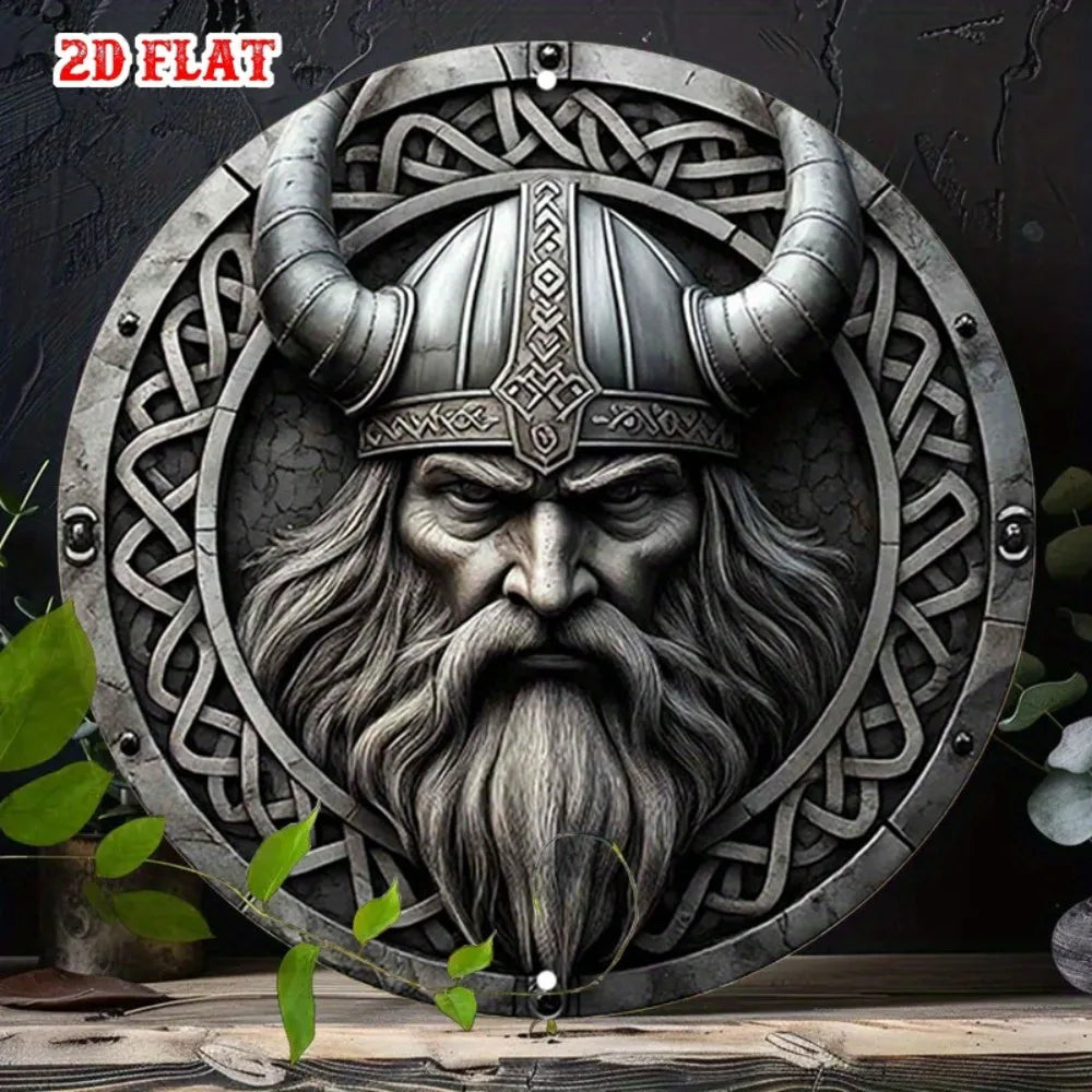 Viking Metal Wall Art Decor, Norse Warrior Aluminum Round Sign with Celtic Knot & Horned Helmet, 7.87x7.87 Inch Retro Home Garag