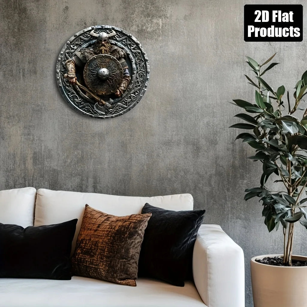 2D Flat Viking Warrior with Horned Helmet & Axe Round Tin Sign - Norse Mythology Celtic Knot Shield Art Metal Wall Decor for Hom