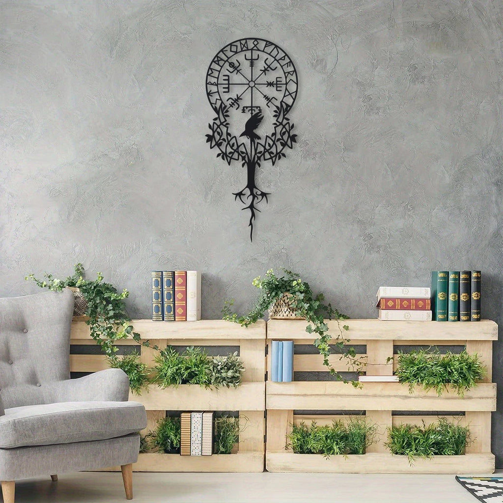 Viking Symbol Metal Wall Art, Black Nordic Decor, Vegvisir Compass Design, Amulet Protection, Meaningful Viking Gift, 15.75in