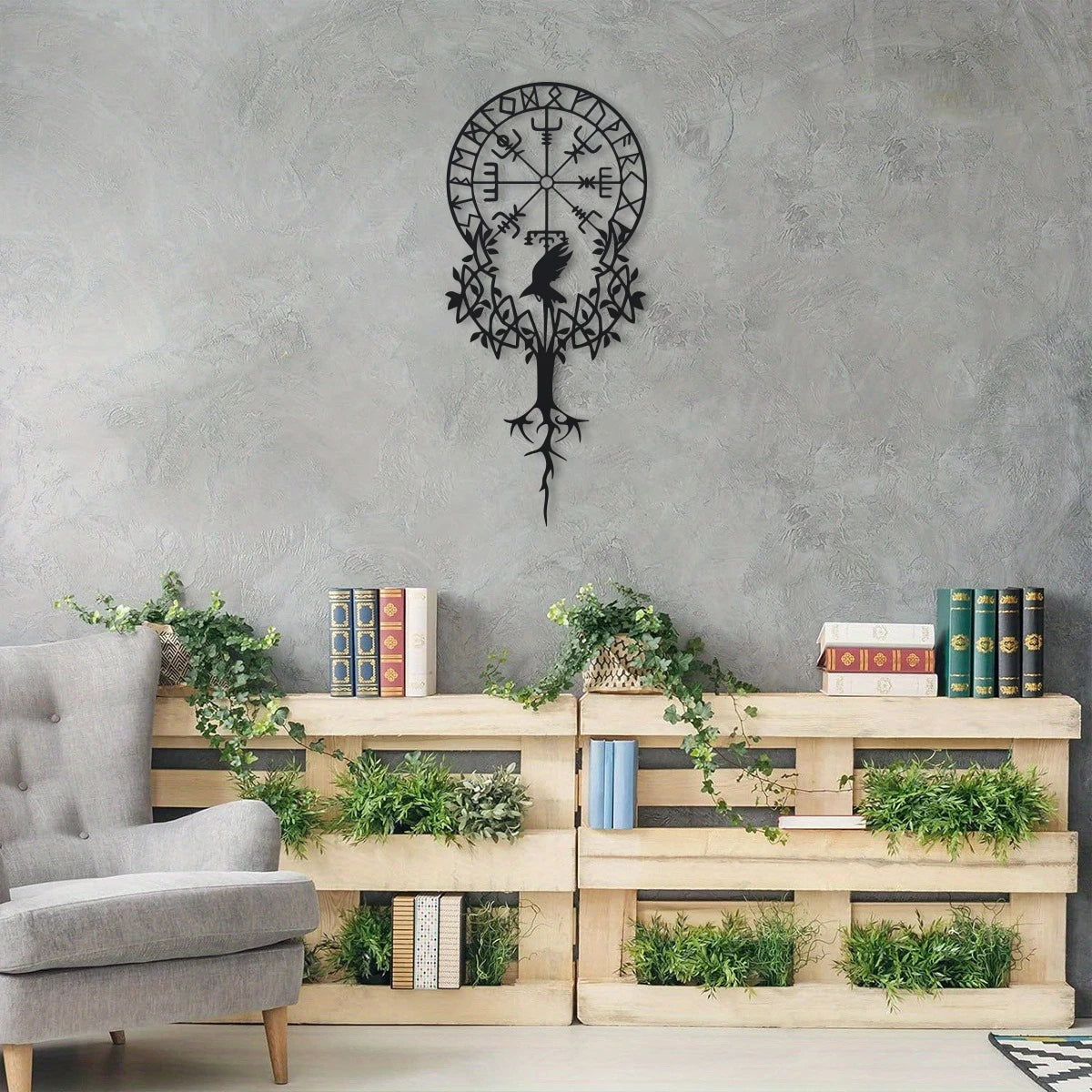 Viking Symbol Metal Wall Art, Black Nordic Decor, Vegvisir Compass Design, Amulet Protection, Meaningful Viking Gift, 15.75in