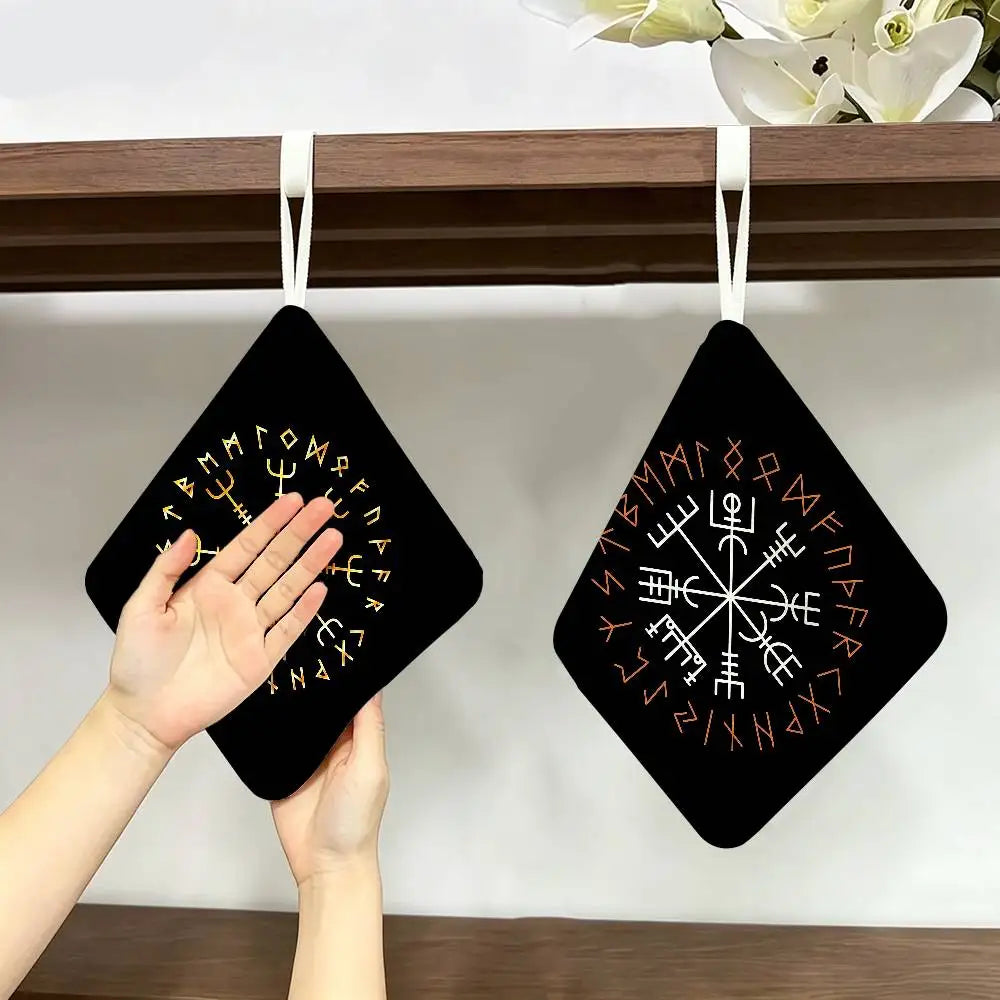 Viking-Vegvisir Logo Polyester Cotton Hand Wiping Towel, Anti-shrink Hanging Kitchen Cloth for Household Cleaning