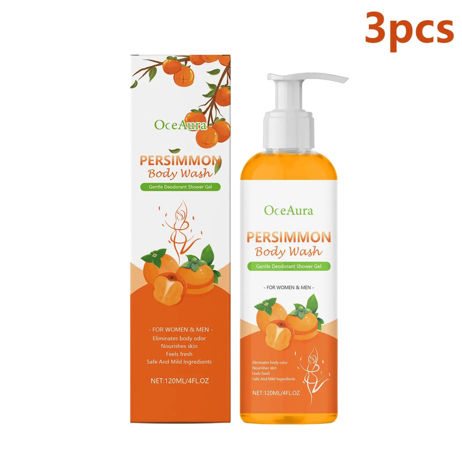 OceAura Persimmon Deodorant Body Wash Odor Eliminator Hydrating Skin Care Body Cleansing Refreshing Shower Gel for Men & Women