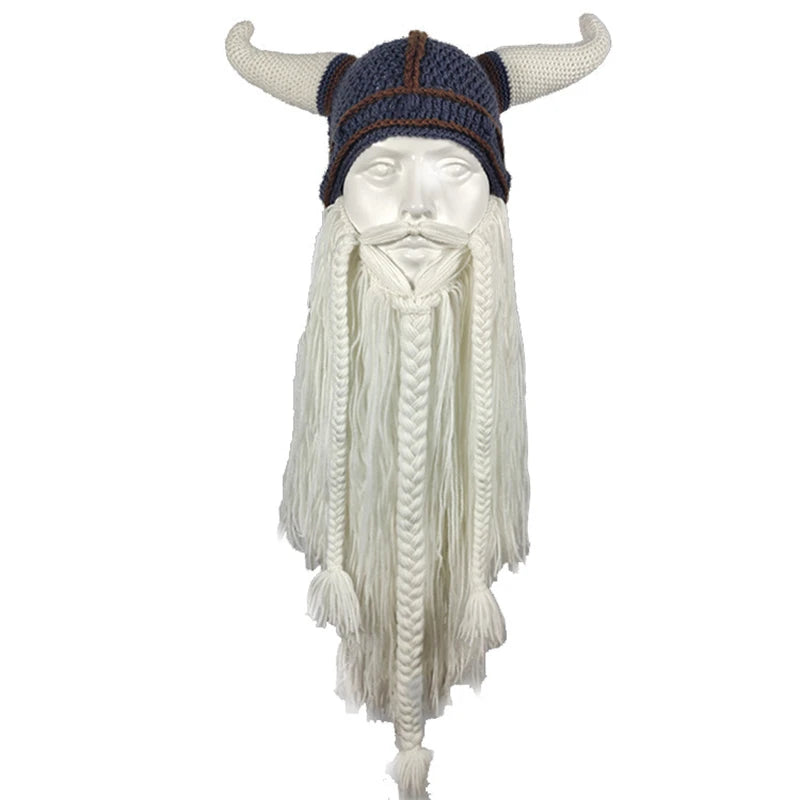 Viking Horn Hat with Detachable Beard — Knit Winter Beanie for Cosplay & Parties