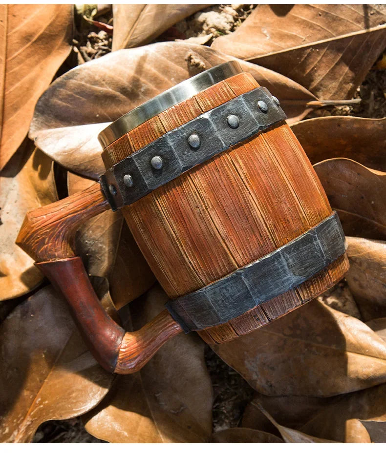 Viking Wood Barrel Beer Mug Tankard 304 Stainless Steel Liner Medieval Nordic Style Wooden Rivet Leather Wooden Beer Stein 600ml