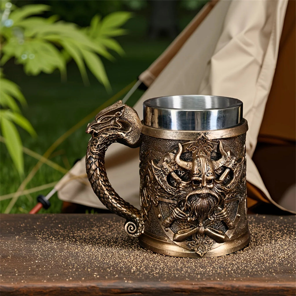 600ML Medieval Valhalla Viking Stainless Steel Nordic Viking Barrel Dragon Boat Warrior Horn Skull Beer Mug Beer Coffee Cup