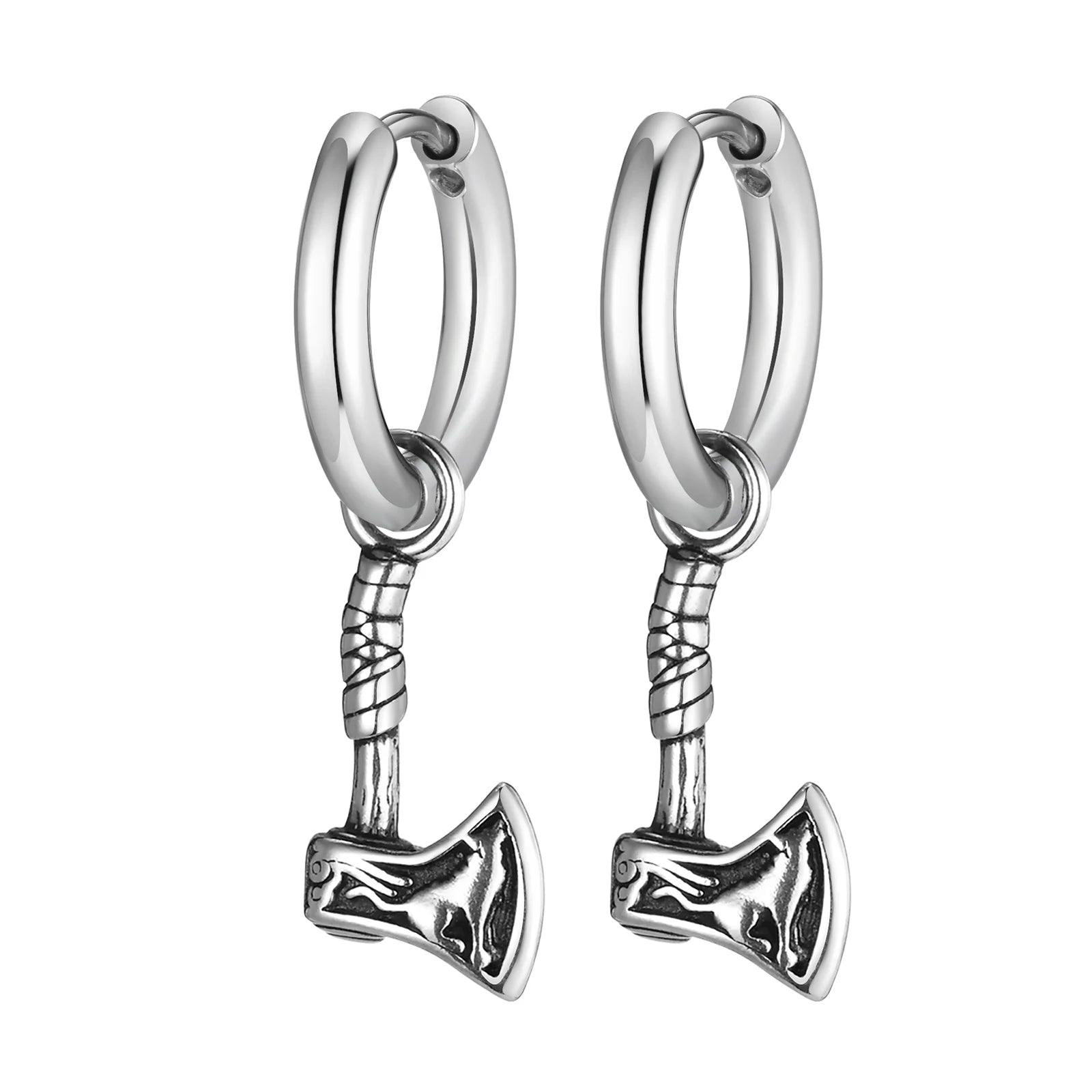Vnox Viking Axe Hoop Earrings for Men, Stainless Steel Drop Dangle Ear Jewelry, Retro Norse Mythology Hatchet Jewelry Gift