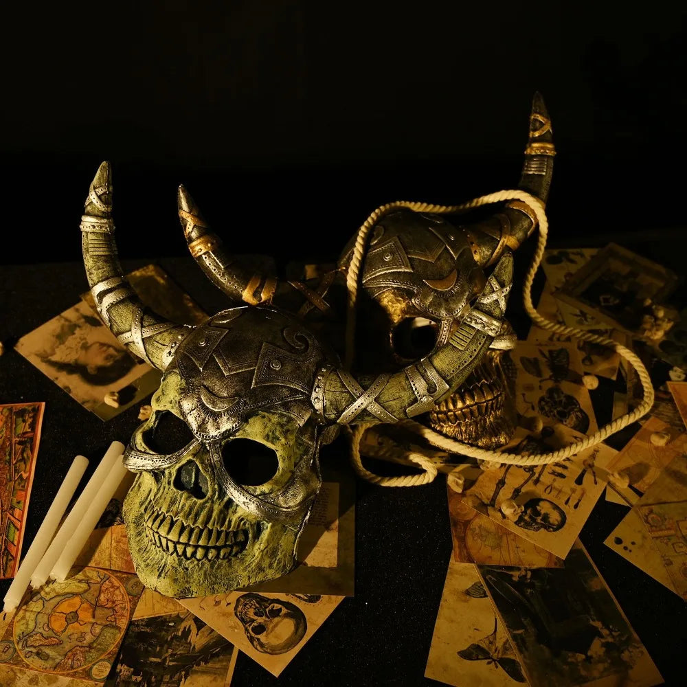 Viking Horned Skull Mask Scary Warrior Skull Mask Horror Skeleton Full Face Mask for Masquerade Themed Parties Halloween Cosplay