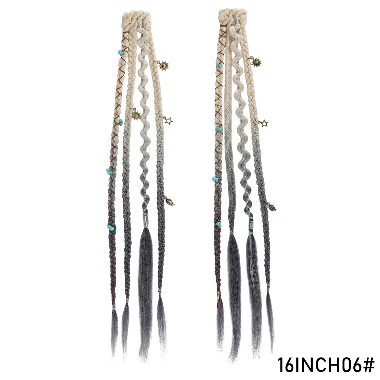 Clip in Braid Hair Extension Boho Dreadlocks Extensions with Beads & Charms 2Pcs 16in Hand-Woven Synthetic Viking Hair for Women