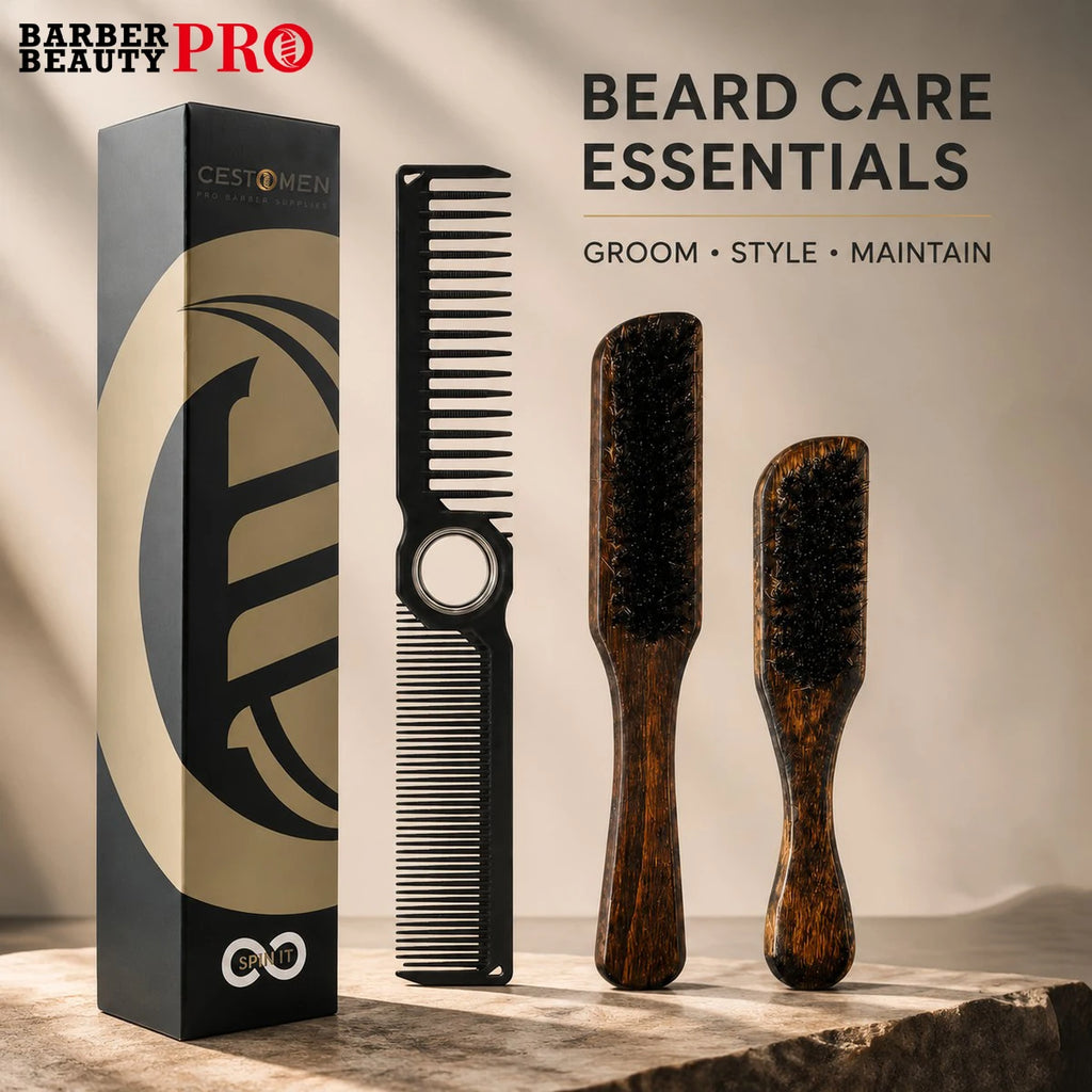 2Pcs Professional Beard Grooming Kit Spining Double Sided Barber Comb Boar Bristle Wooden Beard Brush for Men Hair Beard