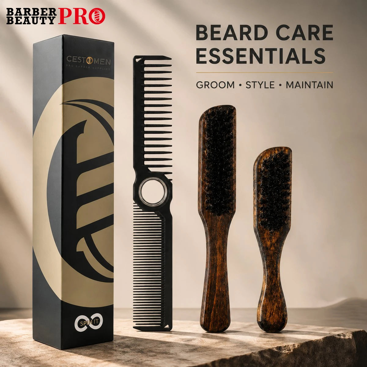 2Pcs Professional Beard Grooming Kit Spining Double Sided Barber Comb Boar Bristle Wooden Beard Brush for Men Hair Beard