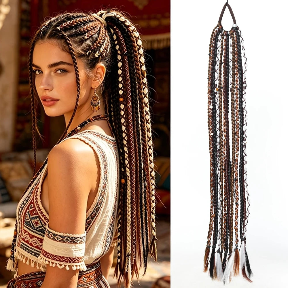 24" Boho Braided Ponytail Extension with Hair Tie Hand-Braided Viking Dreadlock Beaded Synthetic Hairpiece for Women