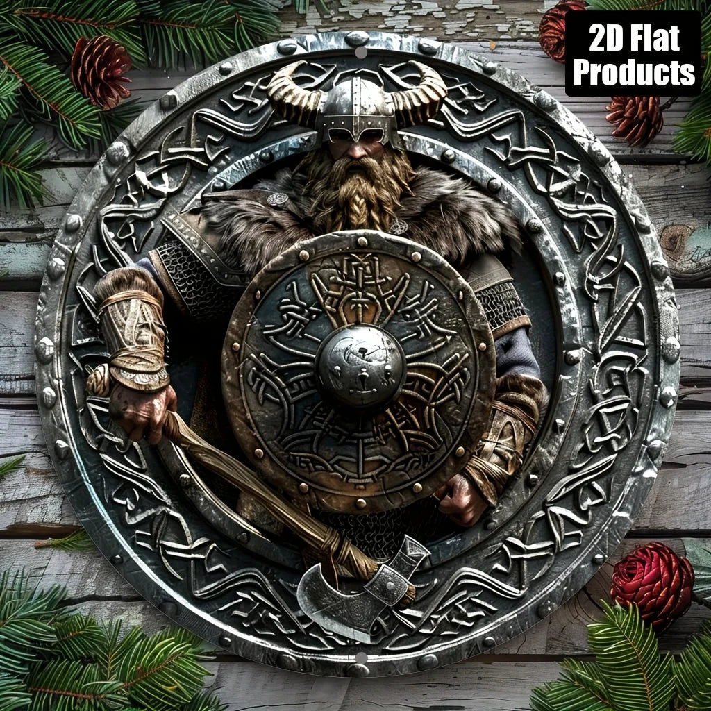 2D Flat Viking Warrior with Horned Helmet & Axe Round Tin Sign - Norse Mythology Celtic Knot Shield Art Metal Wall Decor for Hom