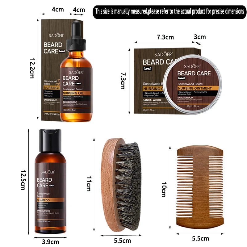 SADOER Men's Beard Growth Set, Gentle Nourishment, Sandalwood Beard Oil, Beard Balm, Beard Shampoo, Scissors, Comb, Brush