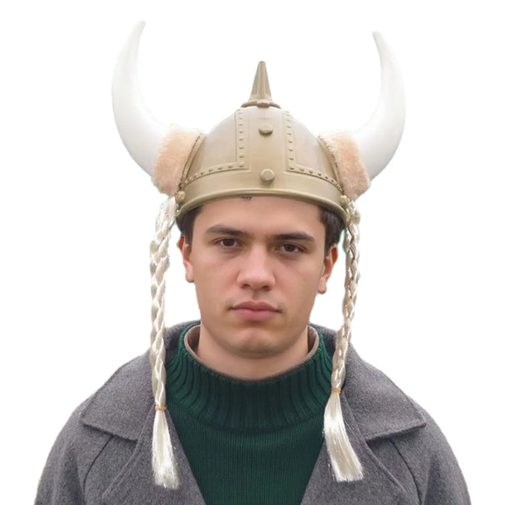 Adult Men Women Viking Horn Hat Helmet with Braids Plastic Medieval Warrior Knight Hat Halloween Cosplay Masquerade Ox Decors