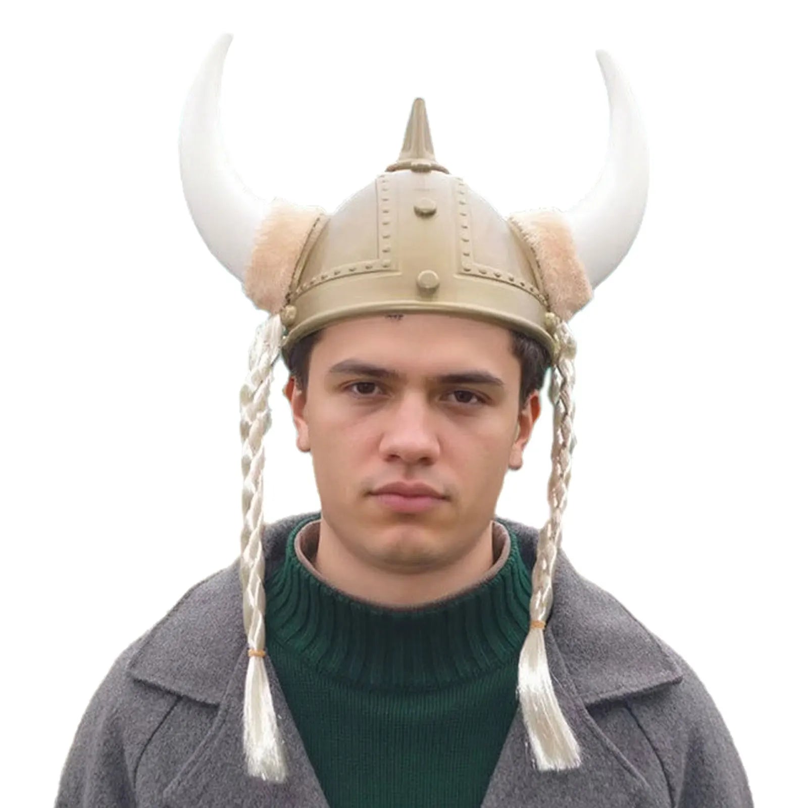 Adult Men Women Viking Horn Hat Helmet with Braids Plastic Medieval Warrior Knight Hat Halloween Cosplay Masquerade Ox Decors
